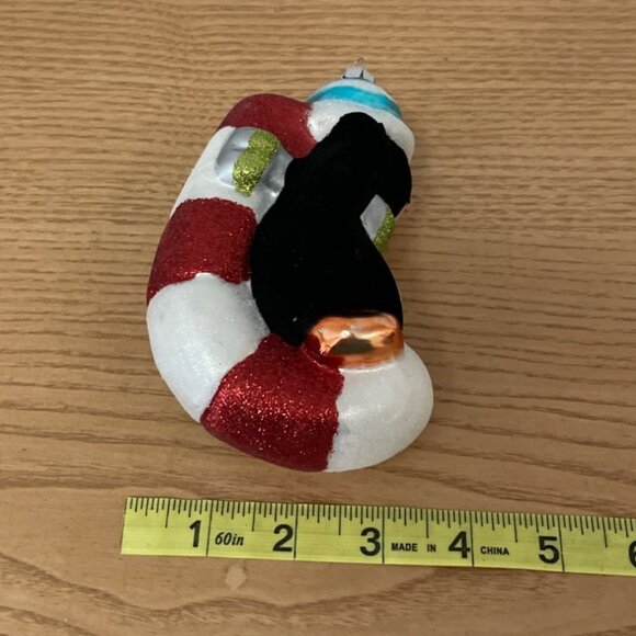 Christopher Radko Penguin Glass Christmas Ornament w Candy Cane Flocked Glitter - Picture 9 of 9